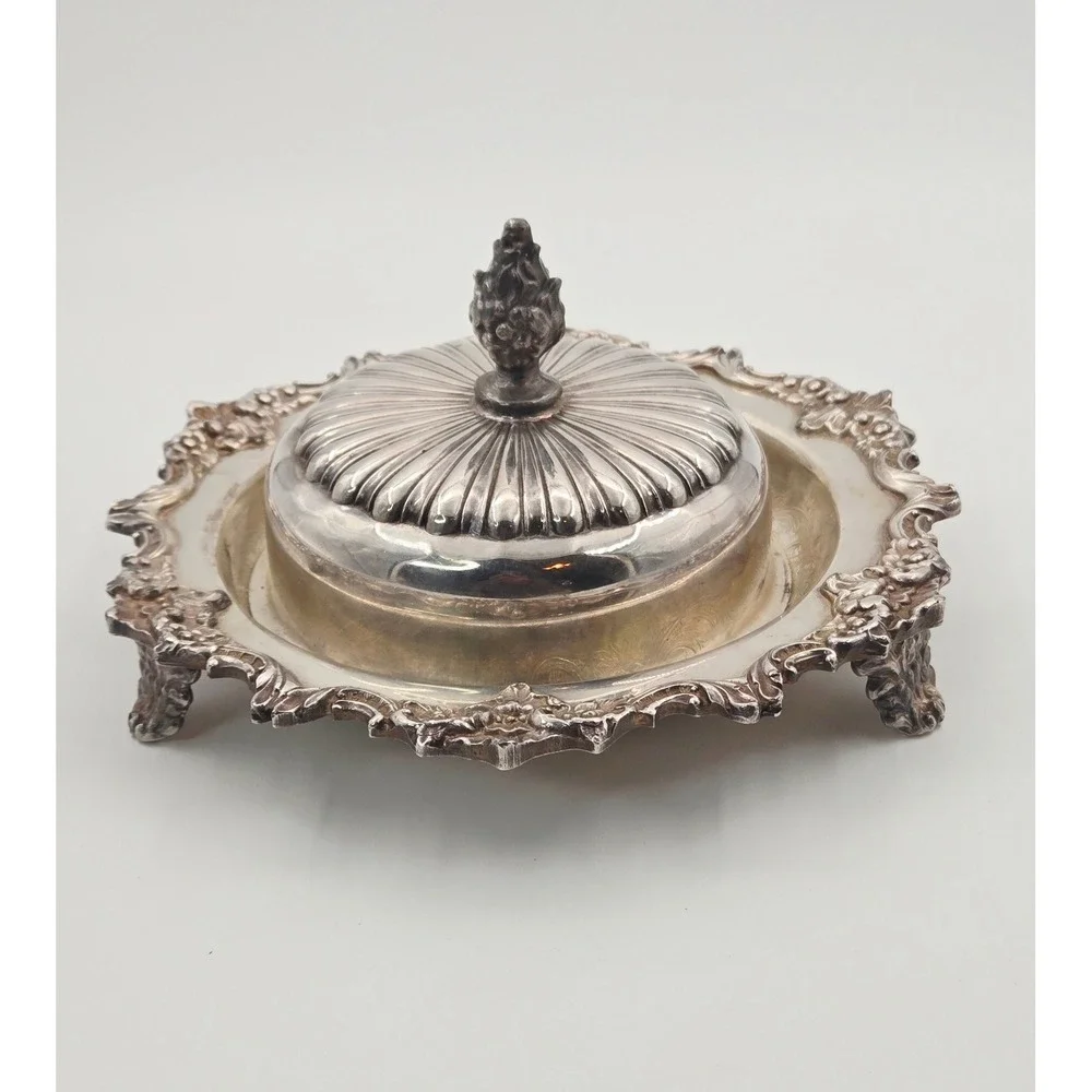 Continental Silver Co Silver Plated Footed Butter Dish - Glass Insert -Domed Lid